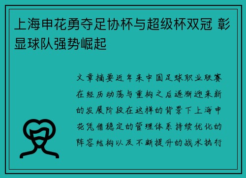 上海申花勇夺足协杯与超级杯双冠 彰显球队强势崛起