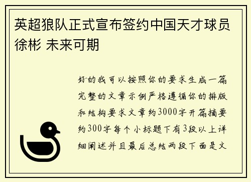 英超狼队正式宣布签约中国天才球员徐彬 未来可期